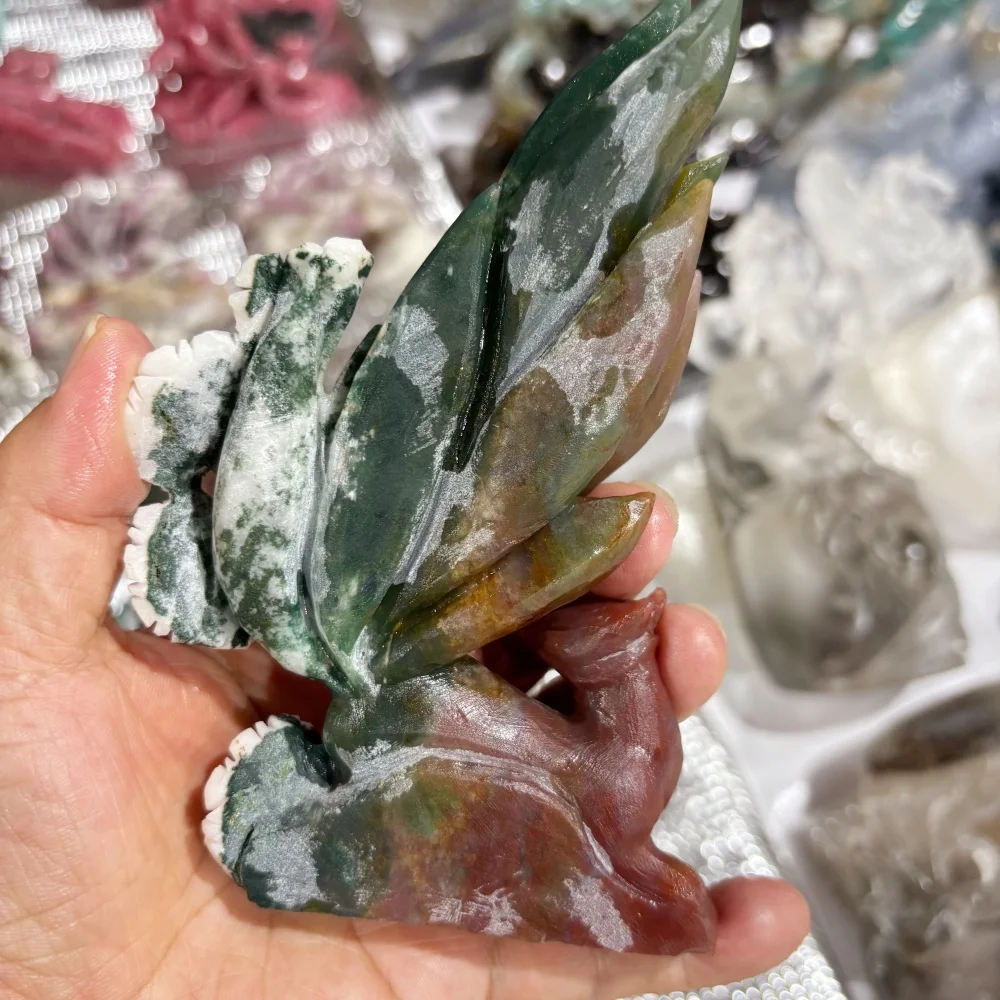 1PCS Natural Moss Agate Nine-tailed Fox Statue Carving Polished Reiki Healing Fengshui High-Quality Energy Room Decor Gift
