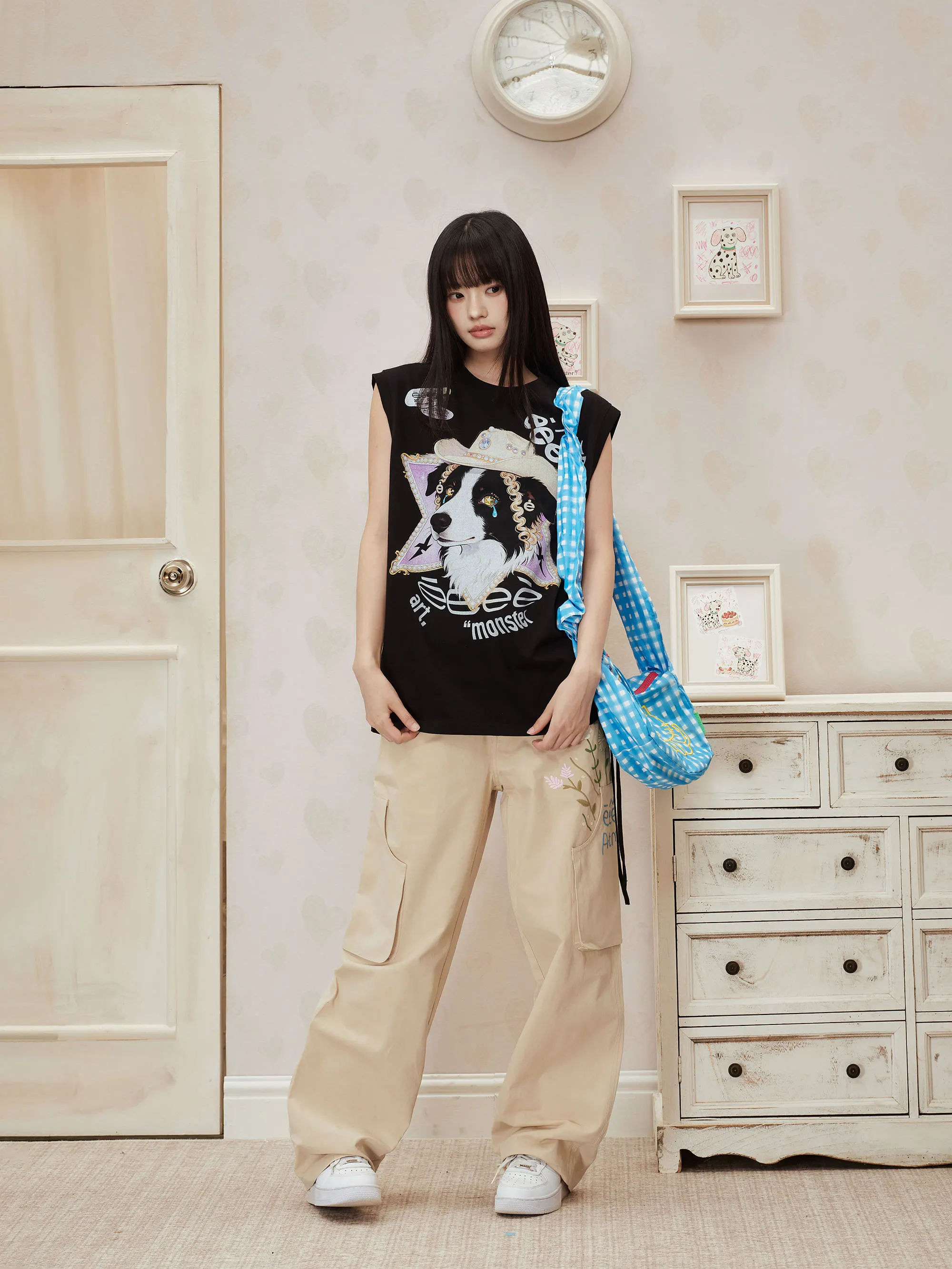  Sheep Cute Summer Sleeveless T-Shirt Drawstring Hem Dog Printed Cotton Breathable round Neck Vest for Women