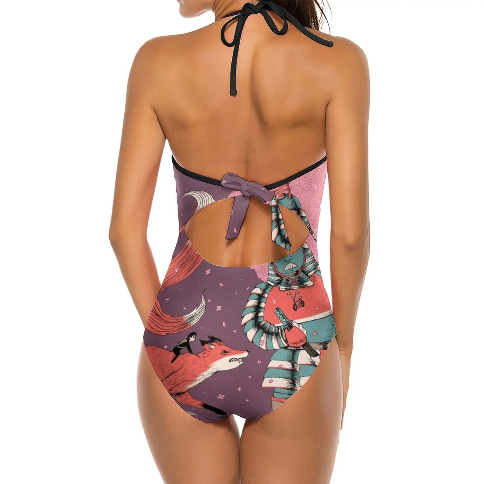 Guardians Sexy One Shoulder One Piece Swimsuit New Mesh Patchwork Swimwear Monokini Fox Kitsune Schoolboy Helmet Sakura Cherry