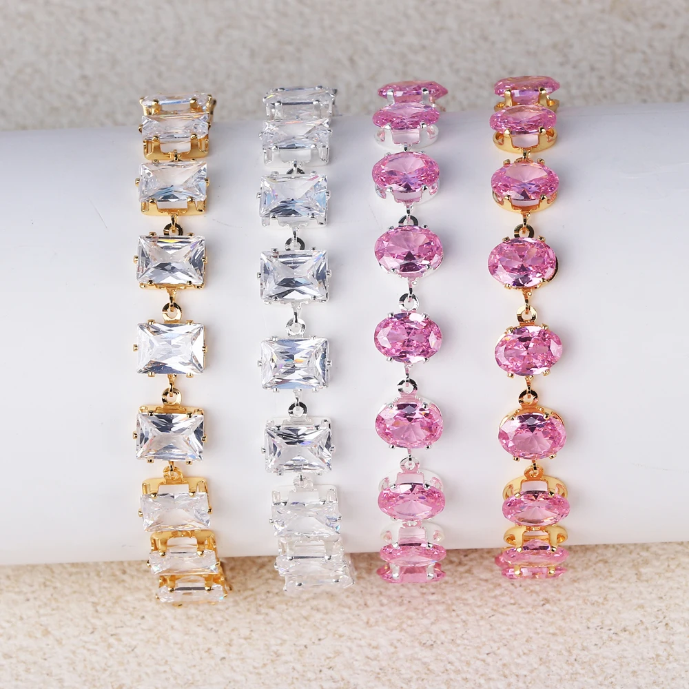 Unique Real Pink Cubic Zirconia Silver 18K Gold Plated Oval CZ Tennis Link Chain Bracelet for Women Chic Daily Party Wedding