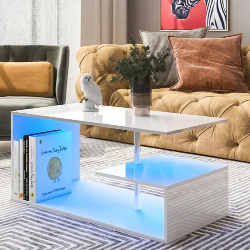 

High Gloss White Coffee Table with LED Lights Open Shelf Smart APP Control S Shaped Modern Sofa Side End Table