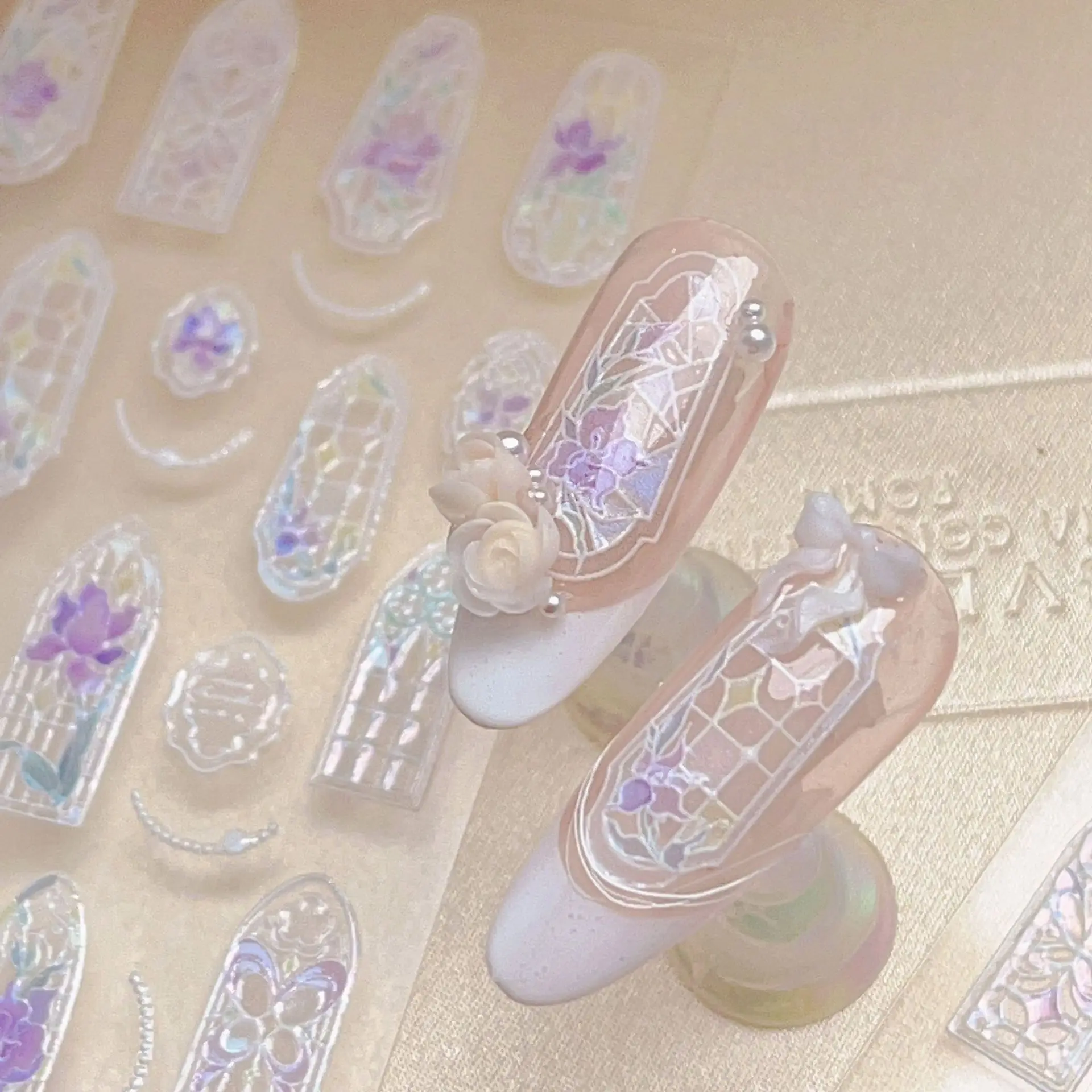 

Retro Shiny Glazed Azure Stone Flower Window Butterfly Arc Geometric Frame European Style Stamp Nail Art Stickers Manicure Decal