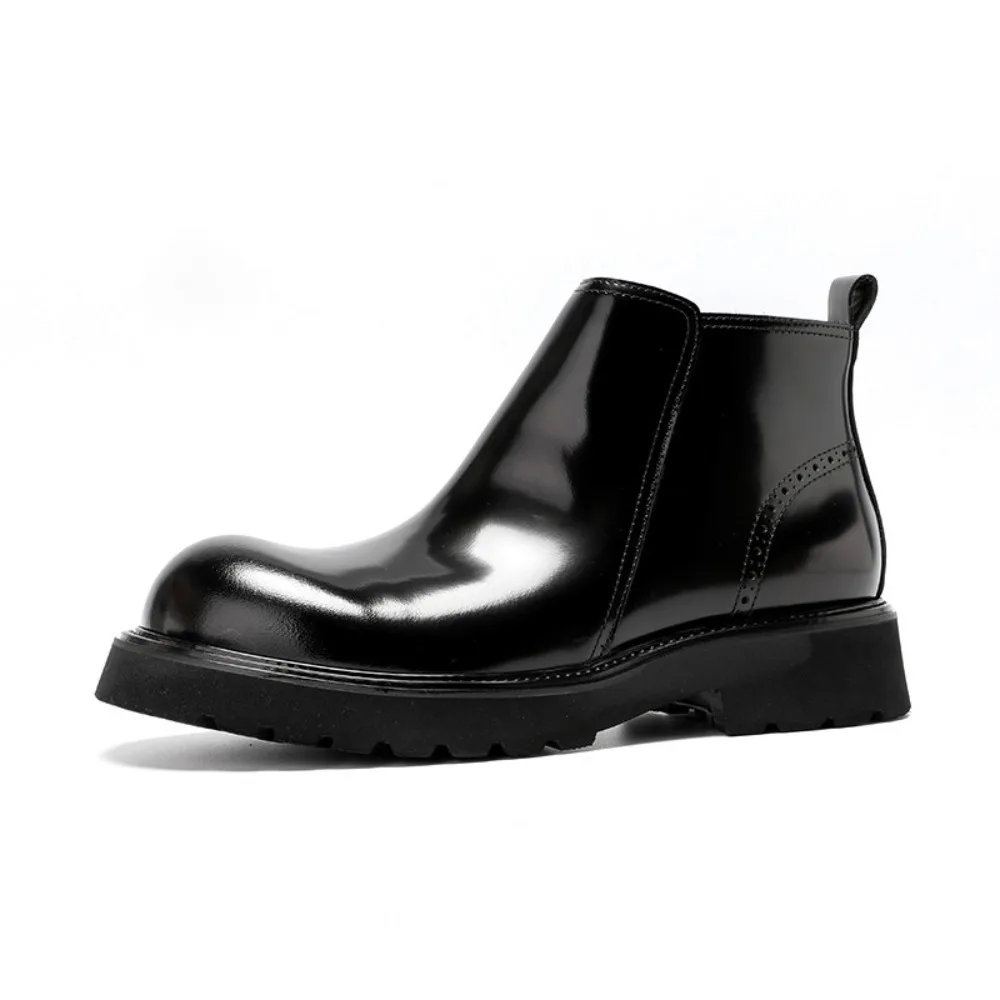 Men's High End Glossy Full Grain Leather Boots Zipper Thick Sole Big Toe Casual Short Boots for Young Men