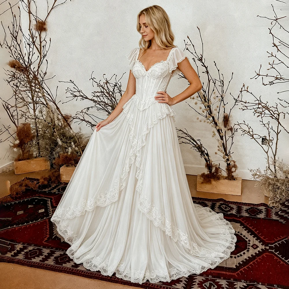 Vintage Tiered Lace Corset Top Bridal Gowns Short Flutter Sleeves Off Shoulder Customized Ivory Tulle Princess Wedding Dress