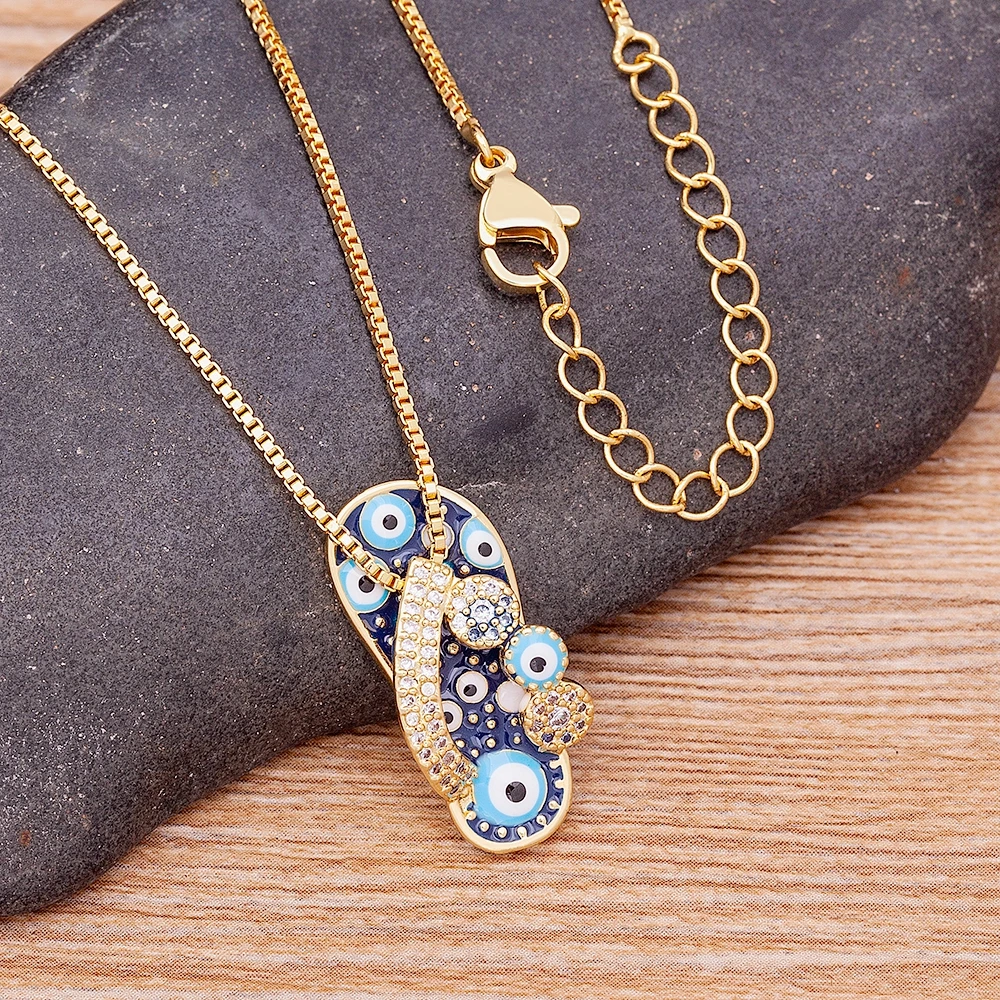 AIBEF New Trend Enamel Slipper Pendant For Women Blue Evil Eye Necklace Mirco Pave CZChain Gold Plated Party Summer Jewelry Gift