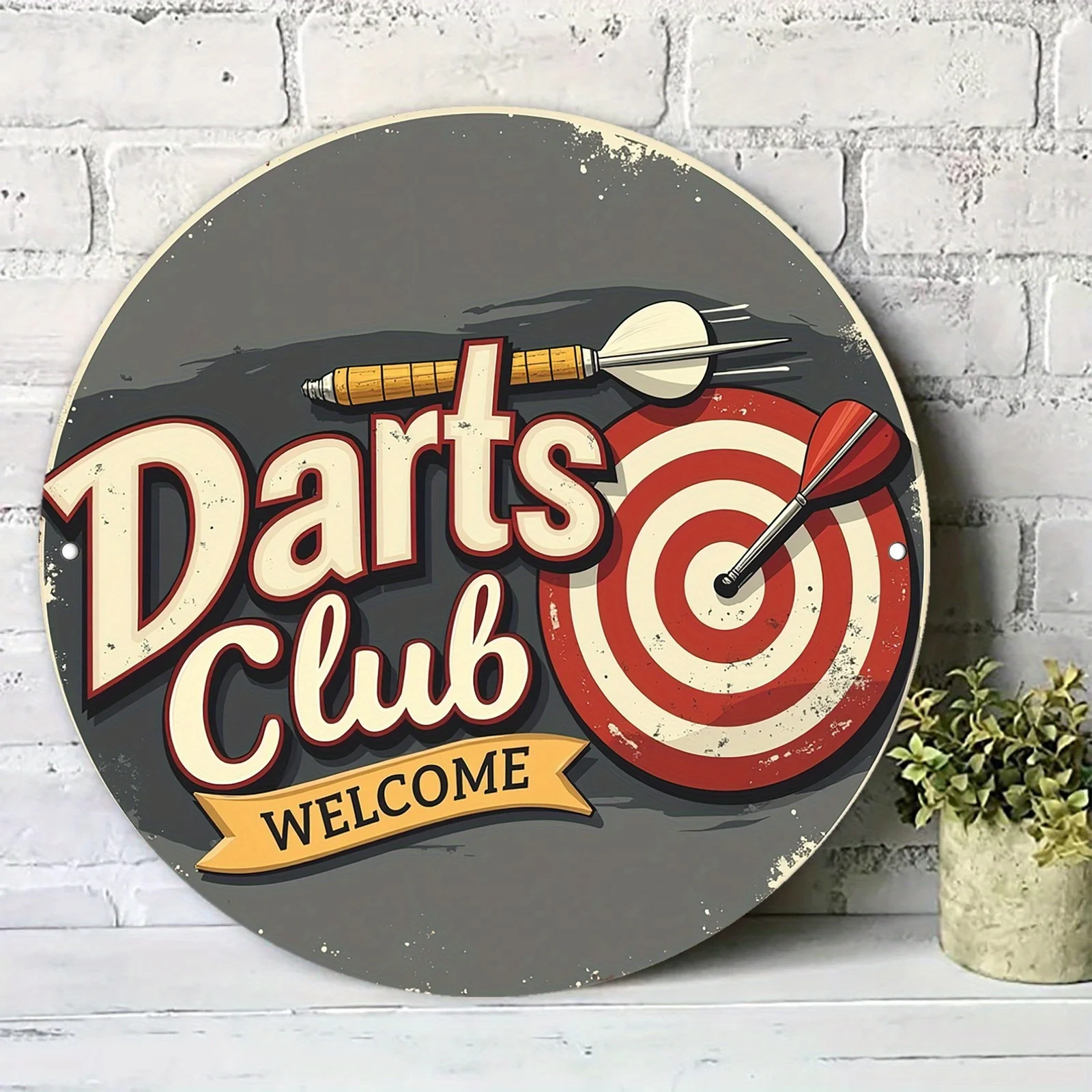 [2D Flat] A 2D Printed Round Metal Sign Made of Aluminum, Featuring a Vintage-Style Dart Club Welcome Design, Perfect