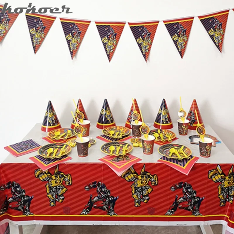 Children Party Set Transformation Bumblebee Optimus Prime Boy Loves Disposable Tableware Birthday Party Decorations Supplies