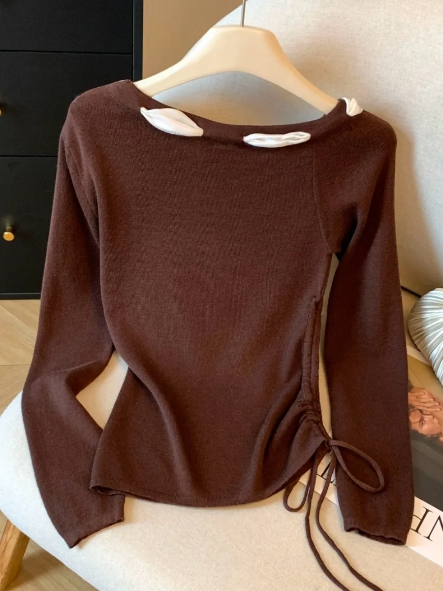 Nó amarrado longo sve malha arco feminino fino ajuste superior dstring cintura design início do outono faion sense irt