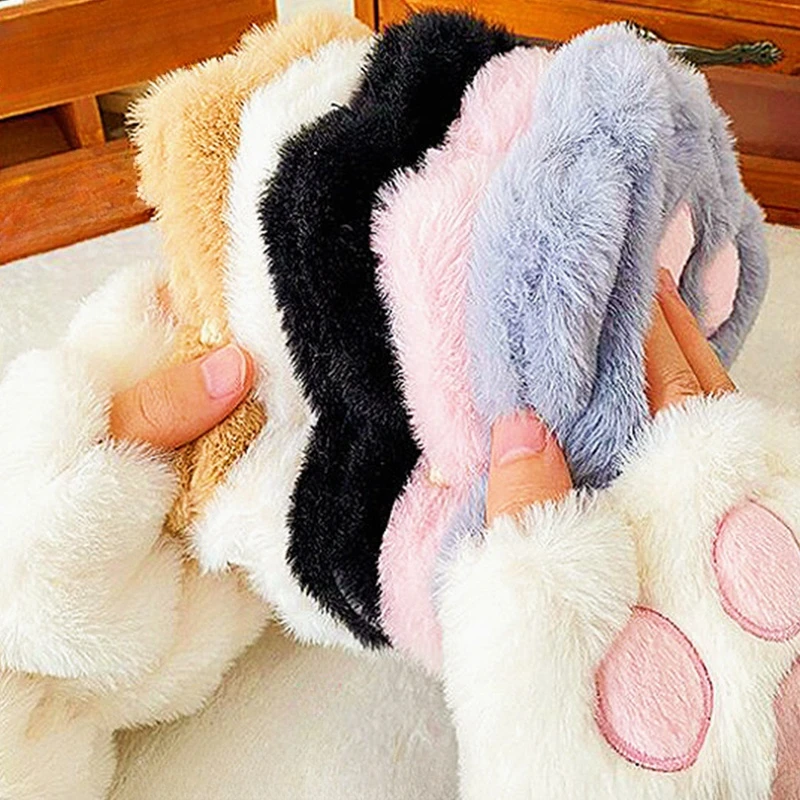 Kawaii Women Cat Gloves Fashion Girls Cat Claw Paw Plush Mittens Warm Soft Plush Short Fingerless HalfFinger Winter Thick Gloves