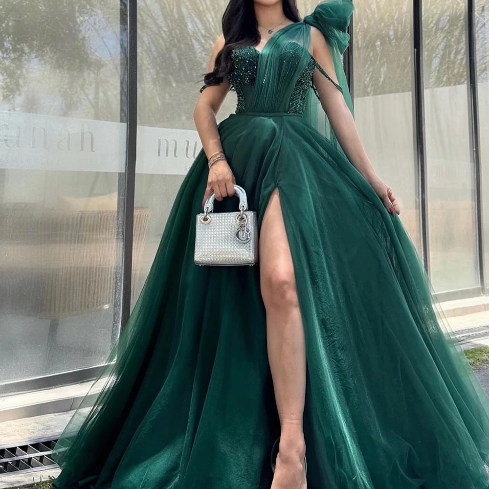 Customized Sexy A-Line Organza Front Slit Crystal Evening Dress High Quality Floor Length платье вечернее Saudi Arabia 2024