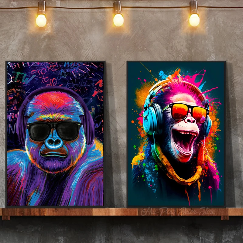 Monkey Wearing Headphones Graffiti Street Pop Art Poster and Prints Wall Art Canvas Painting Wall Picture for Home Room Decor