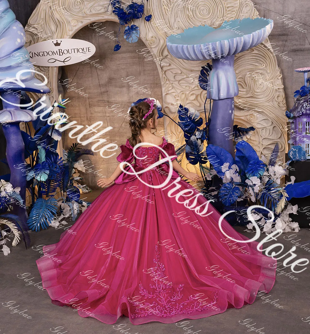 

Customized Elegant Flower Girl Dress For Wedding Tulle Puffy Applique Velvet Child First Eucharistic Birthday Party Dress