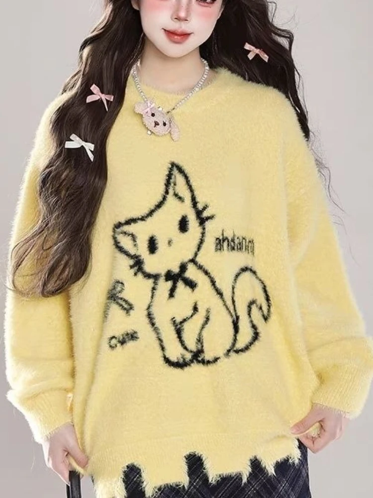 

Harajuku Sweet Cute Y2k вязаный мягкий свитер женский свободный жаккардовый свитер с длинными рукавами Kitty винтажный осенний новый повседневный пуловер с капюшоном