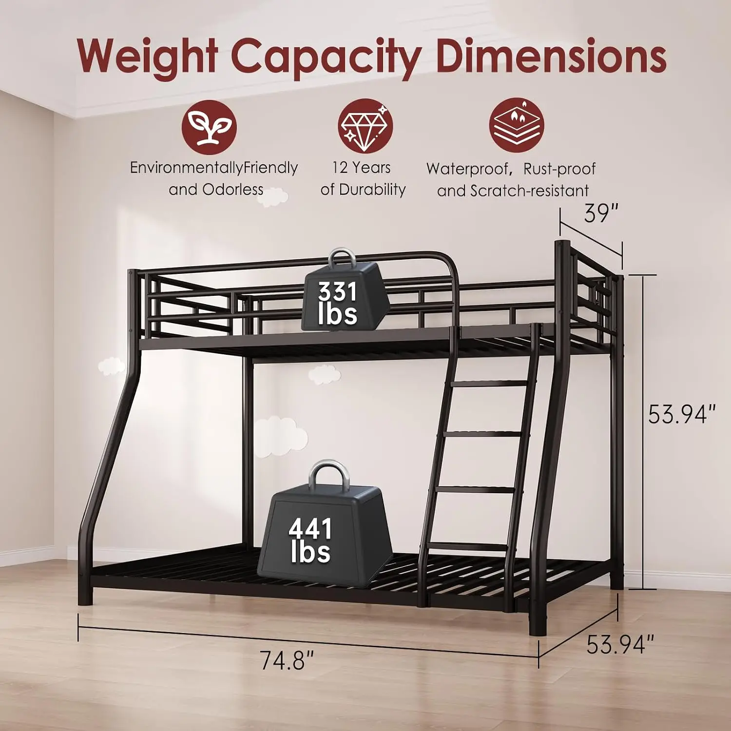 Metal Bunk Bed Twin Over Full Frame, Space Saving Low Profile Bedroom Furniture With Wide Ladder And Full Length Guardrails For Dorm Guest Room, Modern Heavy Duty Bed, Black
