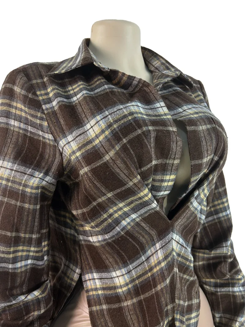 Plaid Pullover Shirts Frauen Mode Drehen Unten Kragen Gefaltete Langarm Split Asymmetrische Bluse Casual Streetwear Tops