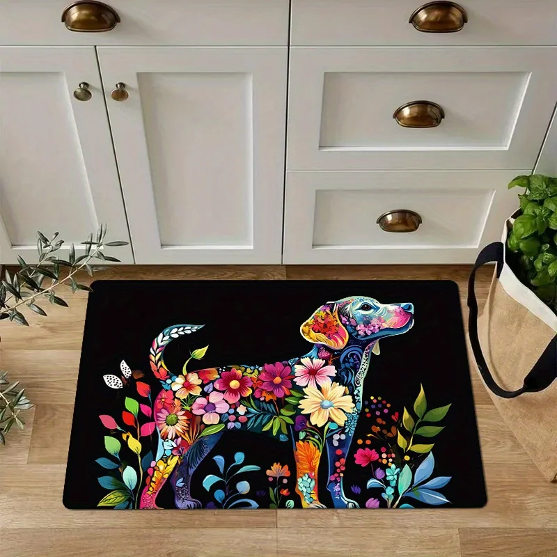 Flannel Sponge 0.47inch Thick - 1pc Multicolor Floral Dog Pattern Kitchen Fl Mat, Non-Slip Floor Area Mat, Floor Pad for Entrywa