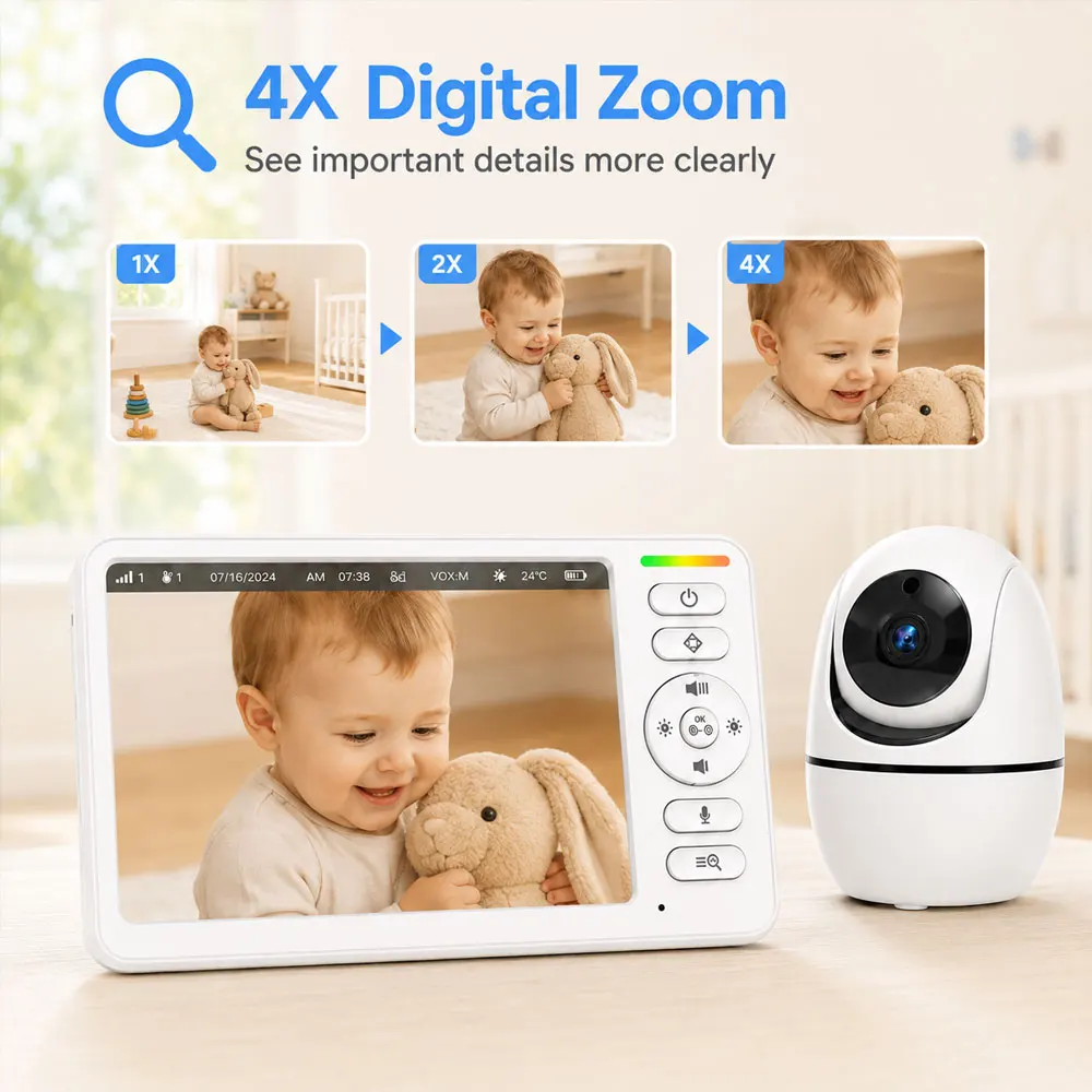 5-Zoll-PTZ-Babyphone-Kamera mit Audio, 5000mAh wiederaufladbarem Elternbildschirm, 4-fachem Digitalzoom, Zwei-Wege-Kommunikation, IR-Nachtsicht, VOX-Geräuscherkennung, Raumtemperaturüberwachung, 5 Schlaflieder, Fernüberwachung, kabelloser Videomonitor für Kinderzimmer, Schlafzimmer und Babypflege – Detail 10