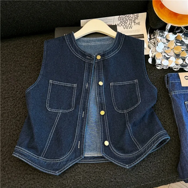 

Vintage Washed Dark Blue Thin Short Denim Vest Women Summer Loose Round Neck Single-Breasted Sleeveless Cowboy Waistcoat Female