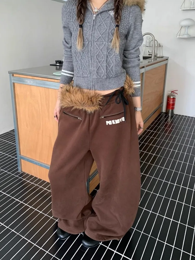 

Retro American Fleece Lined Wide Leg Pants Women's Winter New Trend Loose Floor Length Belted Casual Sweatpants