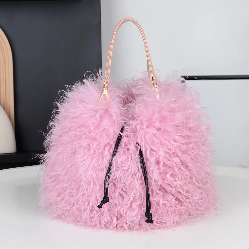 حقائب النساء فو شيرلينغ حقائب بيد علوية الفراء دلو شرابة الرباط الطمي جيب لينة عادية أنيقة 2025 ربيع الخريف