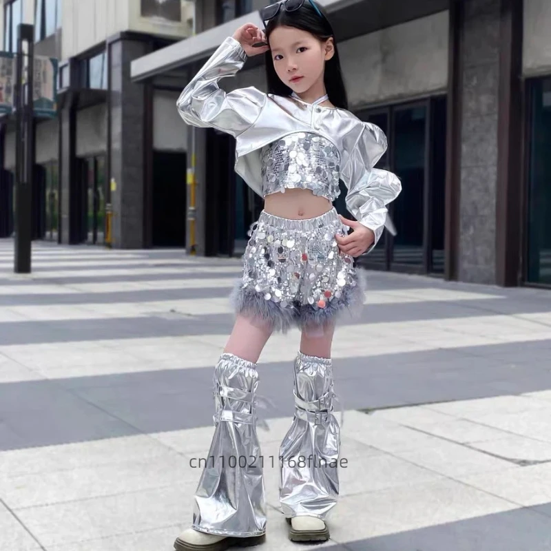 Girl Jazz Dance Costume Silver Sequin Model Fashion Runway Street Dance Stage Technology Sense Performance Costume Set