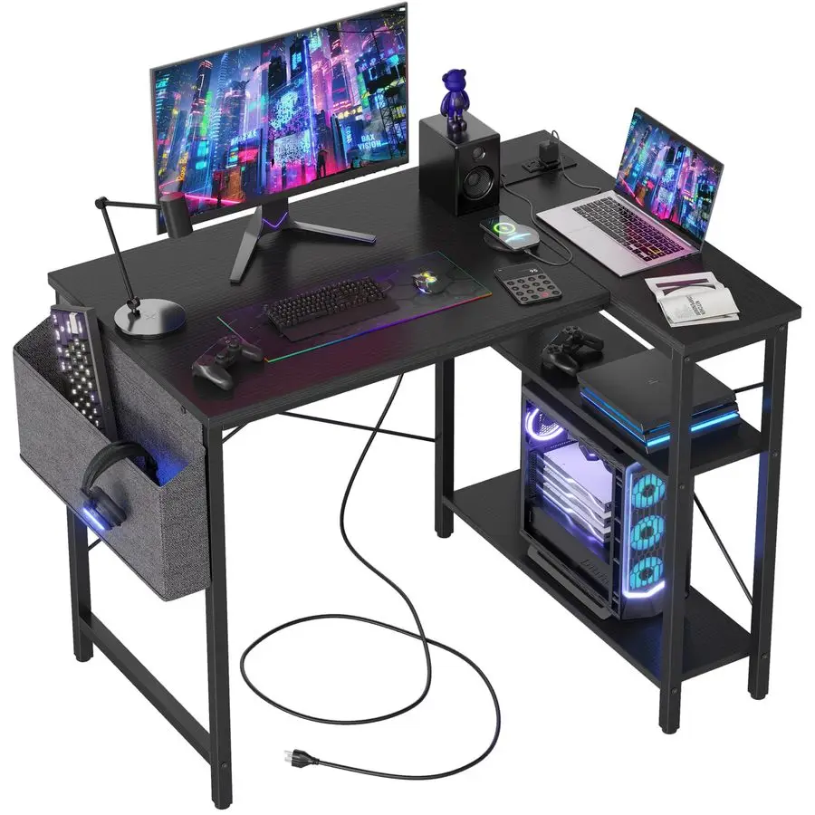 

Small L Shaped Computer Gaming Corner Desk with Power Outlets, Reversible Shelves for Study, Writing Table for Home, Office, Be