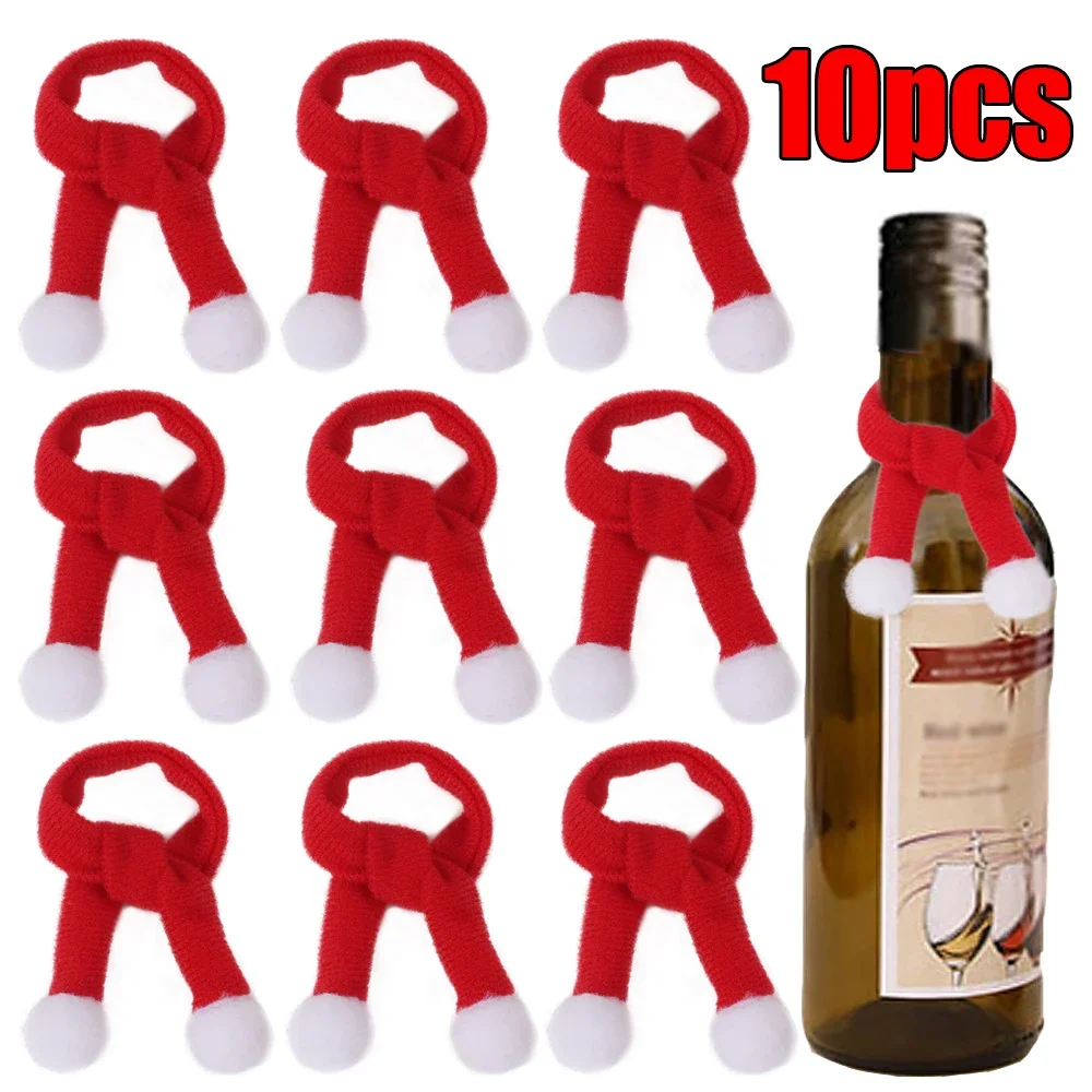 10/1PCS Mini Knitting Scarf Wine Bottle Decor Xmas Tree Ornament Pompon Red Scarf Christmas New Year Party Decoration Supplies