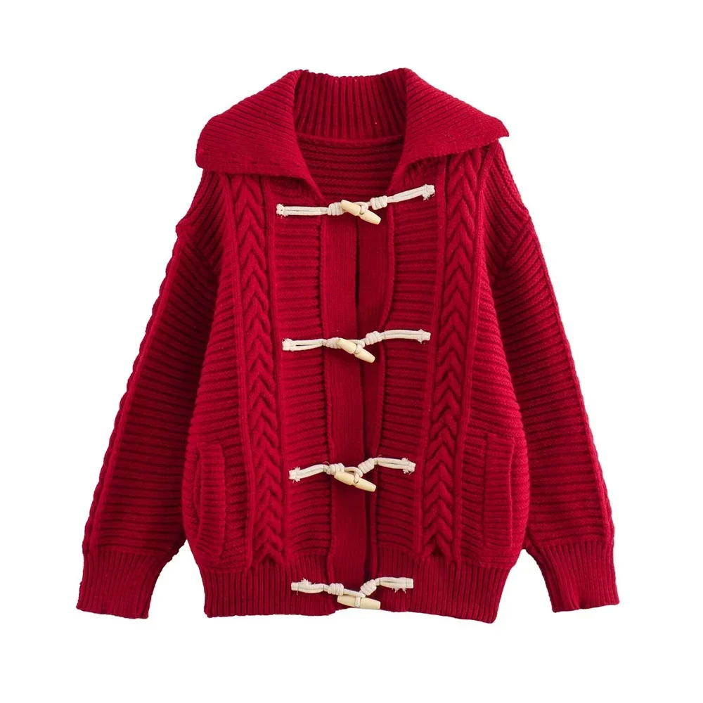 Pop 2024 Autumn New Product Women's Fashion Leisure Heavy Weight Collar Horn Button Knitted Cardigan Big Coat