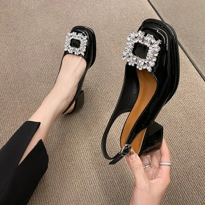 Summer New Baotou Sandals Women\'s French Retro Square Headed Water Diamond Buckle Back Hollow Thick Heel Sandals Large 42