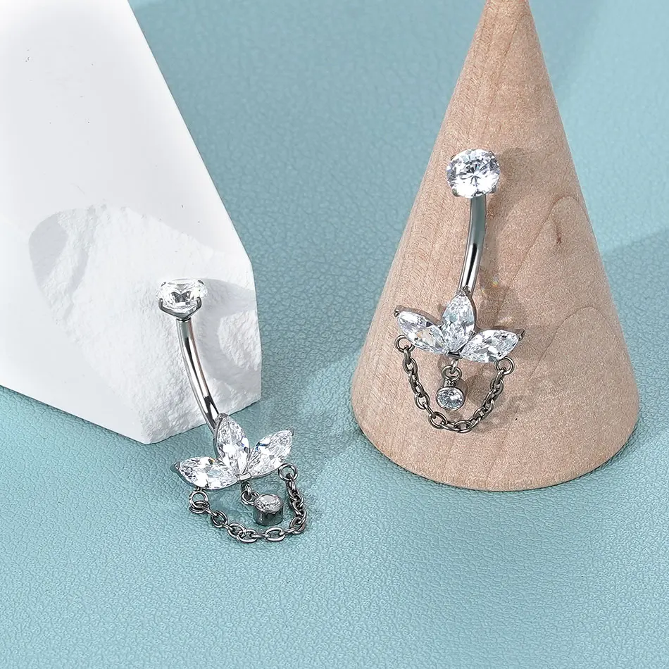 1PC Titanium Belly Button Ring Dainty Floral Marquise Gem Dangle Chain Navel Piercing Ring Navel Nail Body Piercing Jewelry