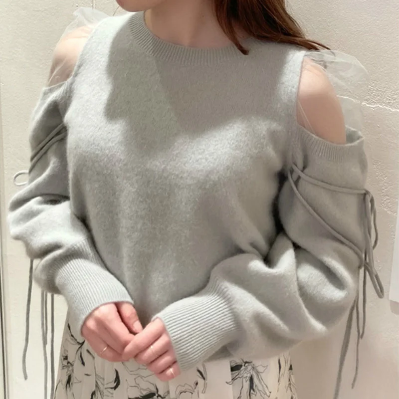 

Sexy Shoulder Strapless Drawstring Voile Patchwork Sweaters Autumn Chic Sweet Knitted Pullovers Japan Style O-neck Tops