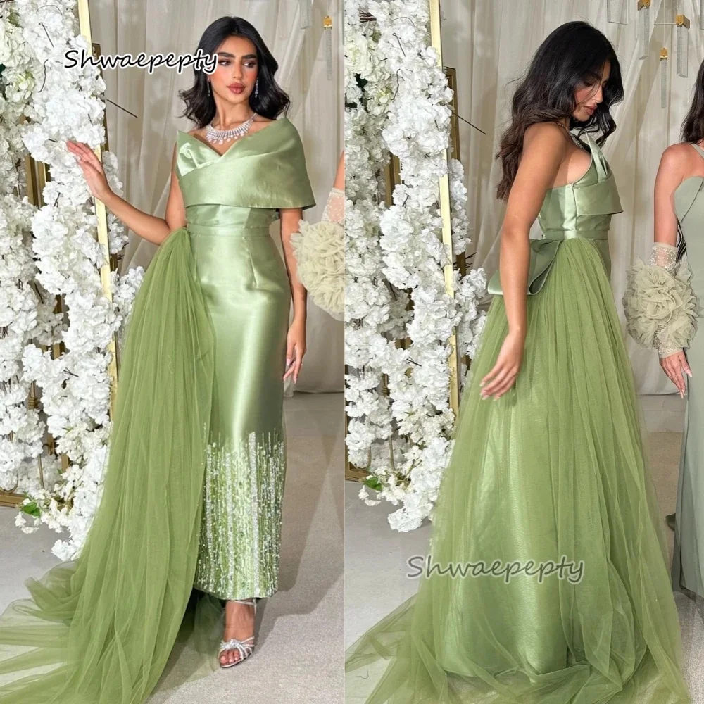 Elegant Sage Straight Prom Dress With Detachable Train Beading One Shoulder Birthday Party Gown Customized Wedding Guest Dresses