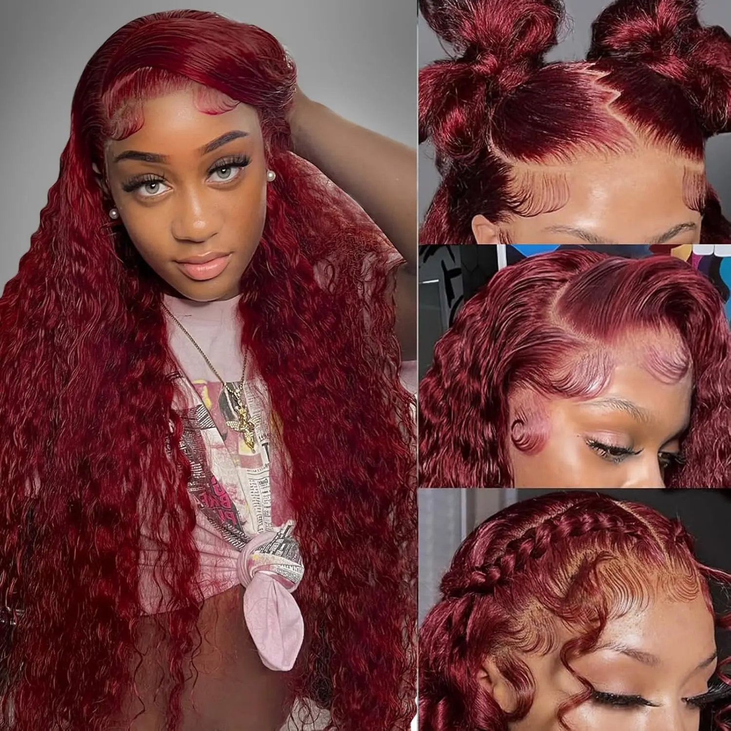99J Burgundy Deep Wave 40 Inches 200% Density 13x6 13x4 HD Transparent Invisible Lace Frontal Wig Human Hair Wigs For Women Pre Plucked Pre Cut Lace Pre Bleached Knots Pre Styled Brazilian Hair
