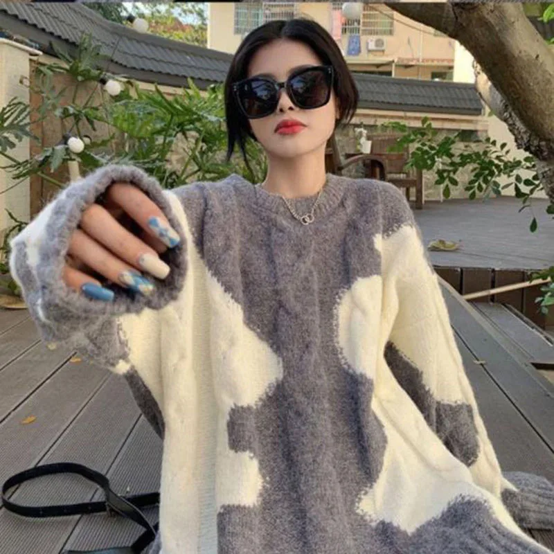 

GIDYQ Vintage Contrst Knit Sweaters Women Harajuku O Neck Oversized Long Sleeve Pullovers Fashion Loose Lazy Wind Warm Jumpers