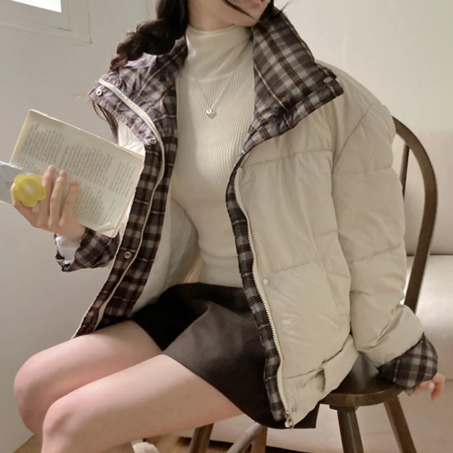 

Женский шикарный зимний хлопковый топ в Корейском стиле в клетку с воротником-стойкой, свободный крой, длинная повседневная одежда све