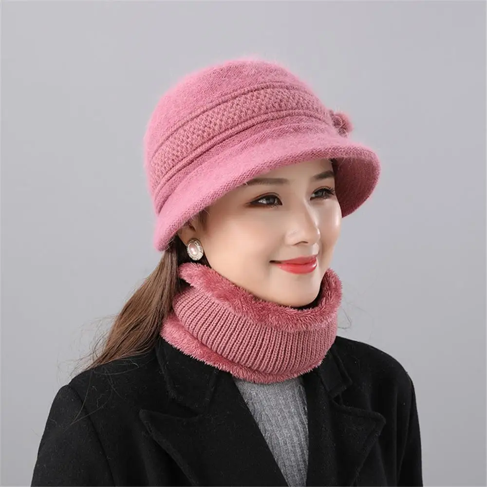Warm Women's Hat and Scarf Set Windproof Faux Rabbit Fur Fleece-Lined Neck Warmer Thickened Knitted Mom Hat Scarf Two Set