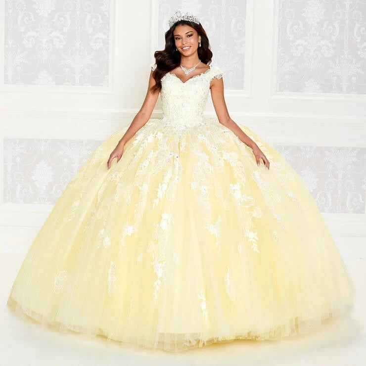 Vestidos amarillos de quinceañera, Charro, vestido de baile, Mangas de casquillo, apliques de tul, dulces, cubanos, 15 años