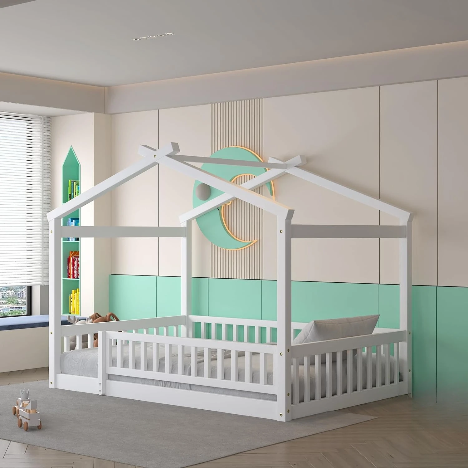 Cama Infantil Tipo Casa con Barandillas, Estructura de Cama de Madera Estilo Montessori para Niños, Camas Divertidas Tipo Casa de Juegos, Personalizable