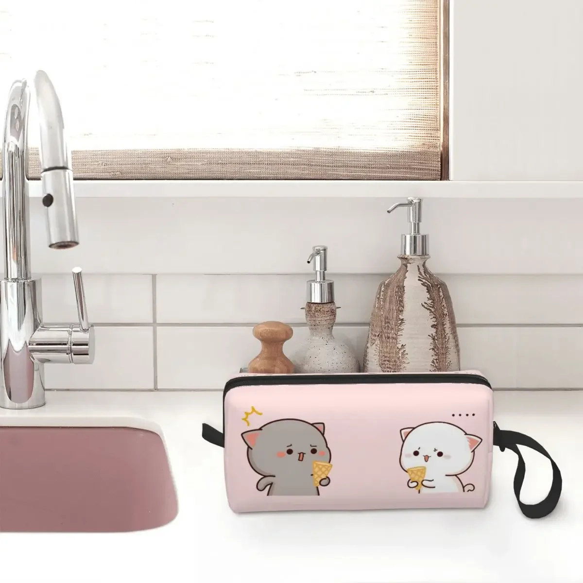 Peach And Goma Mochi Cat Large Makeup Bag Zipper Pouch Travel Cosmetic Bags Cute Ice Cream Bear Storage Bag for Unisex