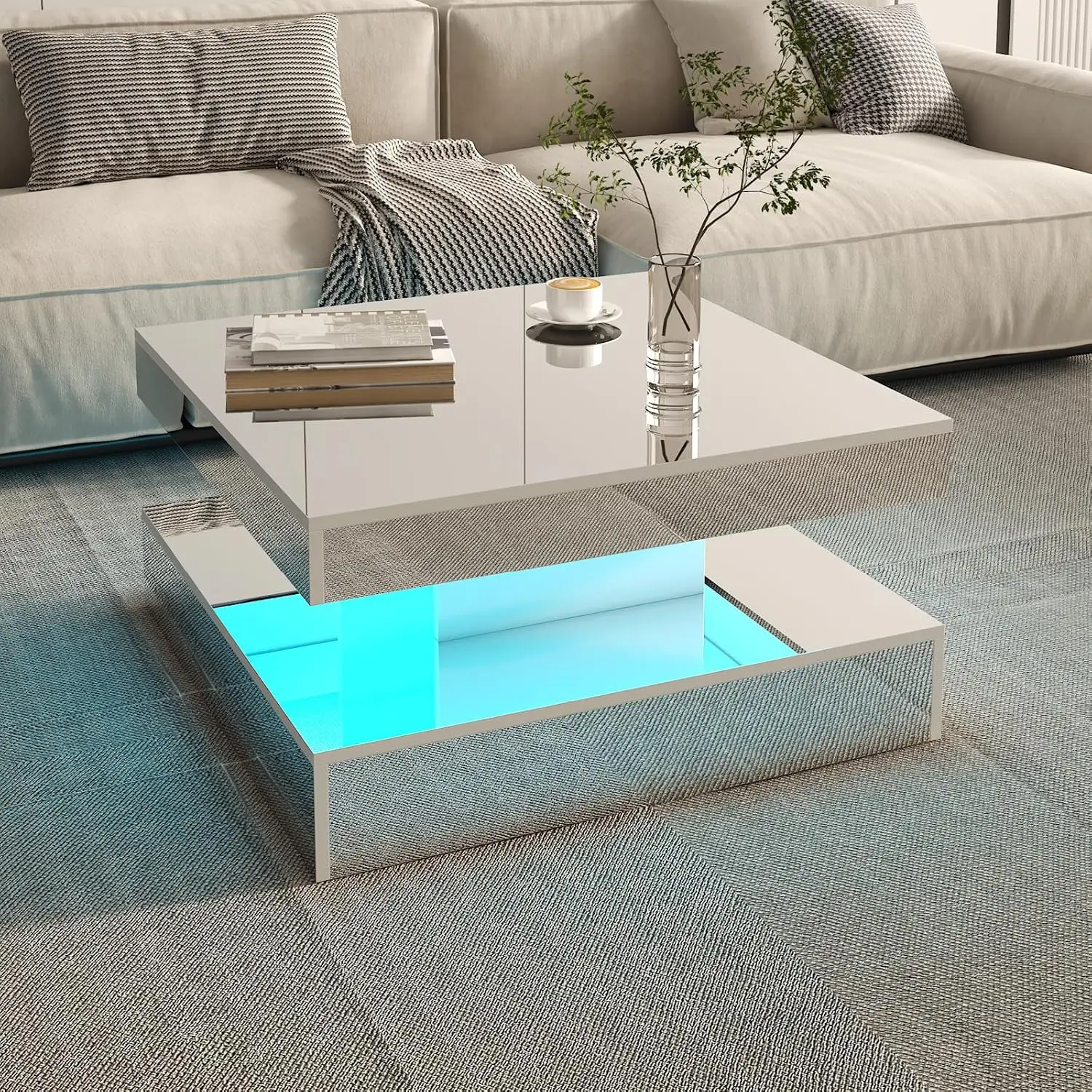 LED Coffee Table with Storage & Mirror Effect, 2-Tier Modern Center Table for Living Room Bedroom Office, Customized