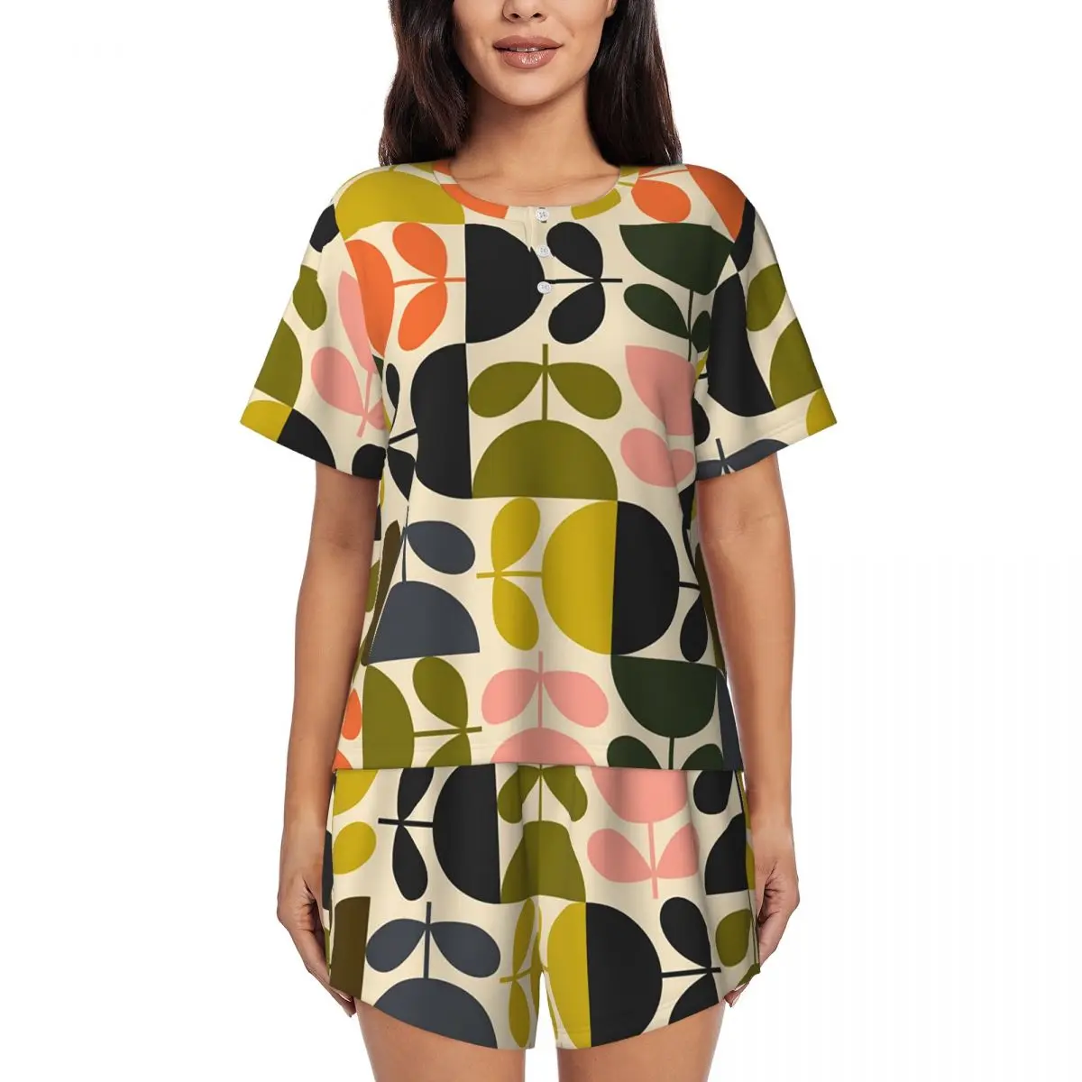 

Ночная рубашка с цветочным узором Orla Kiely, с круглым вырезом и короткими рукавами, для сна, женский свободный пижамный комплект с короткими штанами