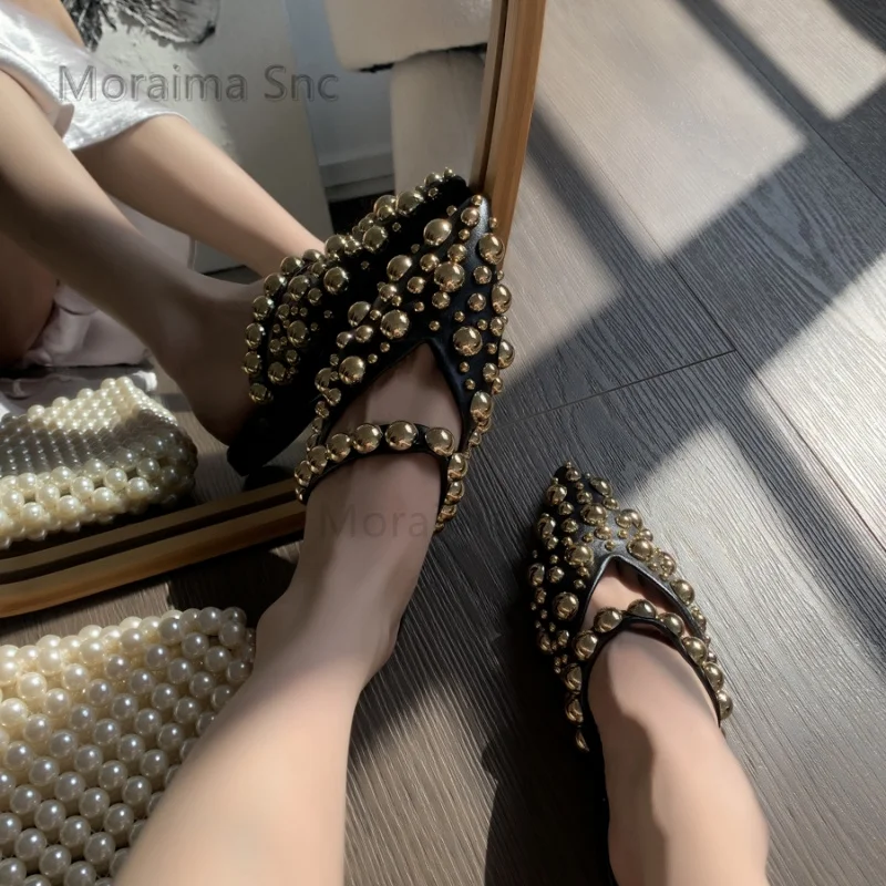 

Beads Rivets Pointed Toe Half Slippers for Women Flats Leather Comfortable All Match Mules Sandals Summer Outside Shoes