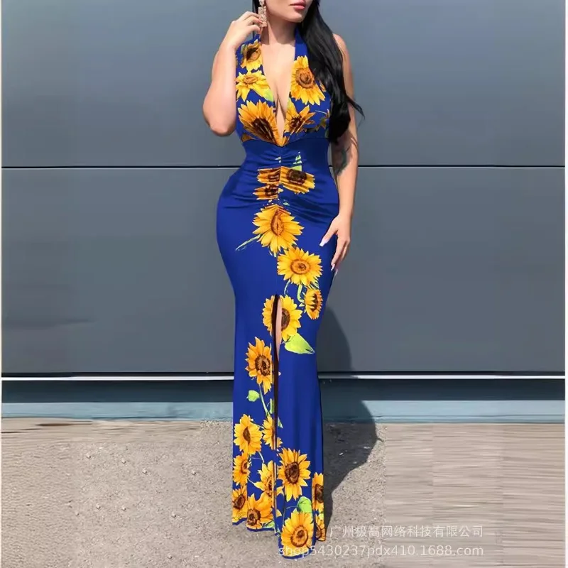 

2024 Spring Summer New Women's Clothing Sunflower Printing Dress-Positioning Printing