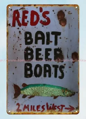 Red's Bait, Beer, Boats, 2 Miles West pike fish metal tin sign wall decor