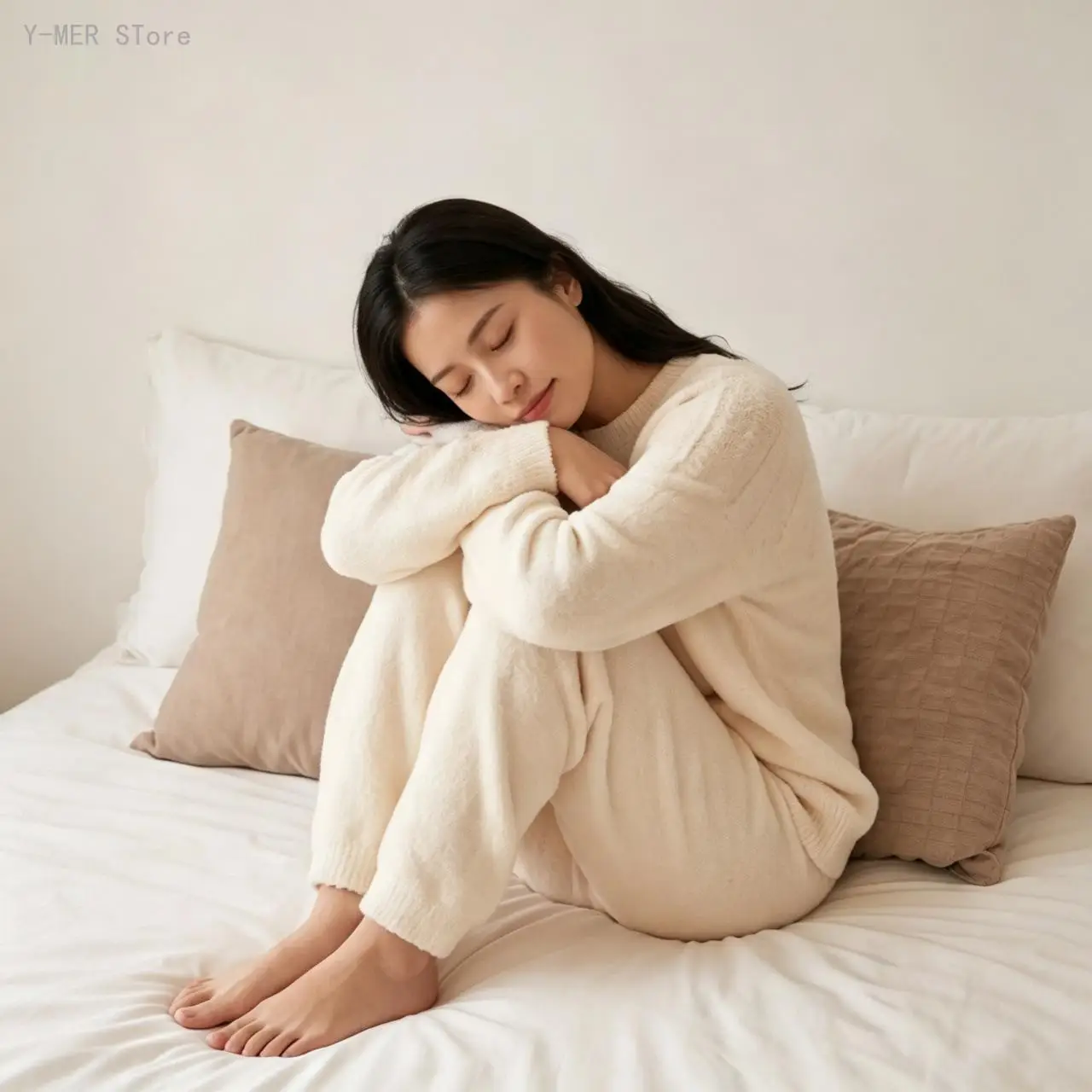 Women Solid Color Soft Pajama Set Autumn Winter Embossed Raglan Sleeve Pullover Cuffed Pants Ladies Homewear Sleepwear