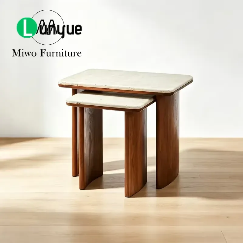 Modern Natural Wood Marble Corner Table 2 Piece Set Decorative Side Table Small Limestone Coffee Table for Living Room Center