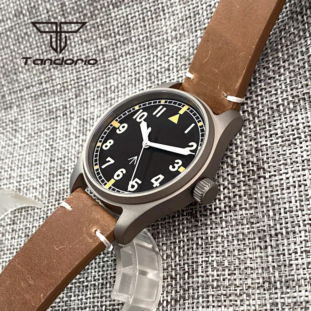 Tandorio Titanium NH35A 39mm 20bar Automatic Pilot Dive Watch for Men Sapphire Crystal Screw Crown Leather Strap Green Luminous