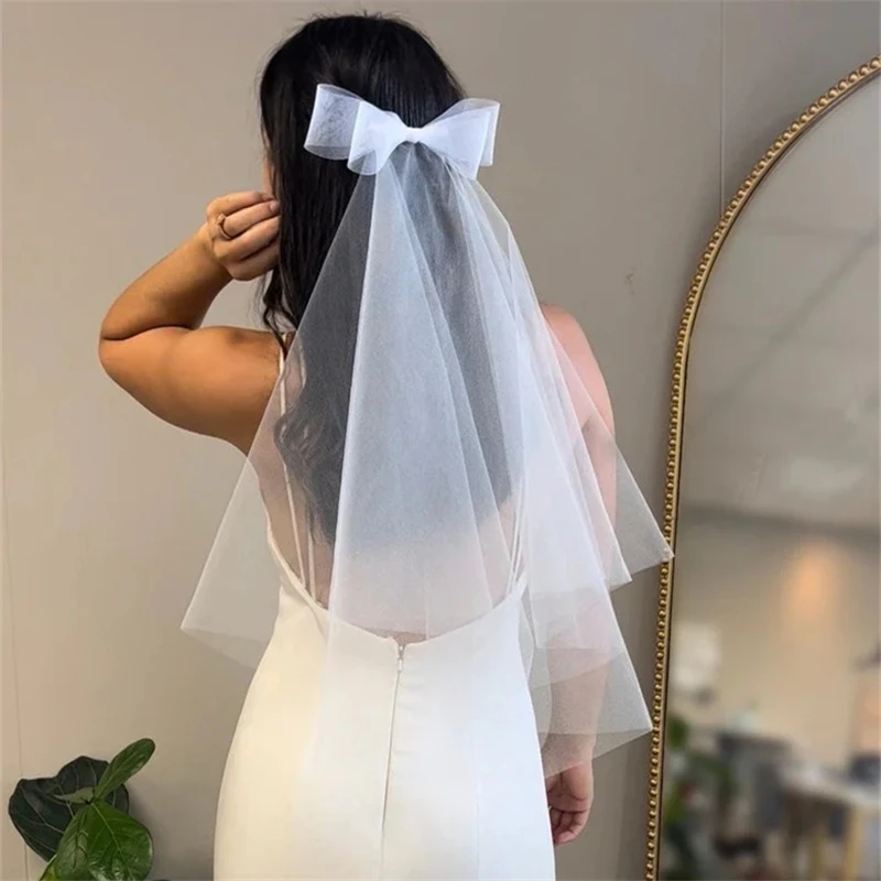 Short Bridal Veils With Comb Bows Two Layers Mini Wedding Accessories White Ivory Tulle Cute For Brides