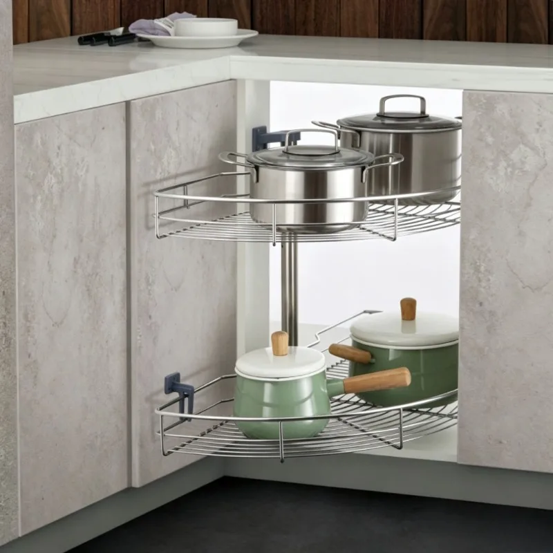 Double Layered Corner Storage Basket Rotatable Kitchen Containers Shelf Stainless Steel Organizer Cabinet Basket Home Furniture