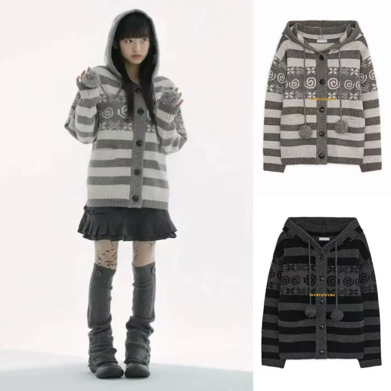 

Hugyourskin Повседневный полосатый вязаный свитер с капюшоном Женский открытый кардиган Длинное пальто Све с завязками Верхняя одежда для отдыха